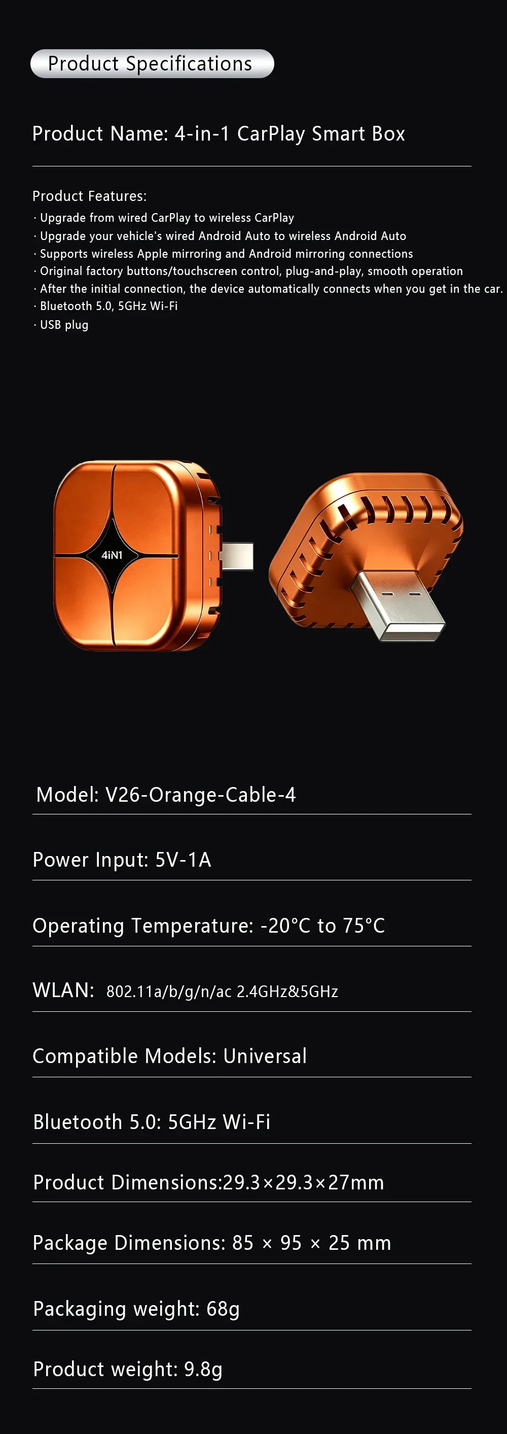 Upgrade 4-in-1 Carplay Smart Dongle Kabelloses Android Auto Mirror Link USB Plug-and-Play Automatische Verbindung WLAN für Apple und Android – Detail 16
