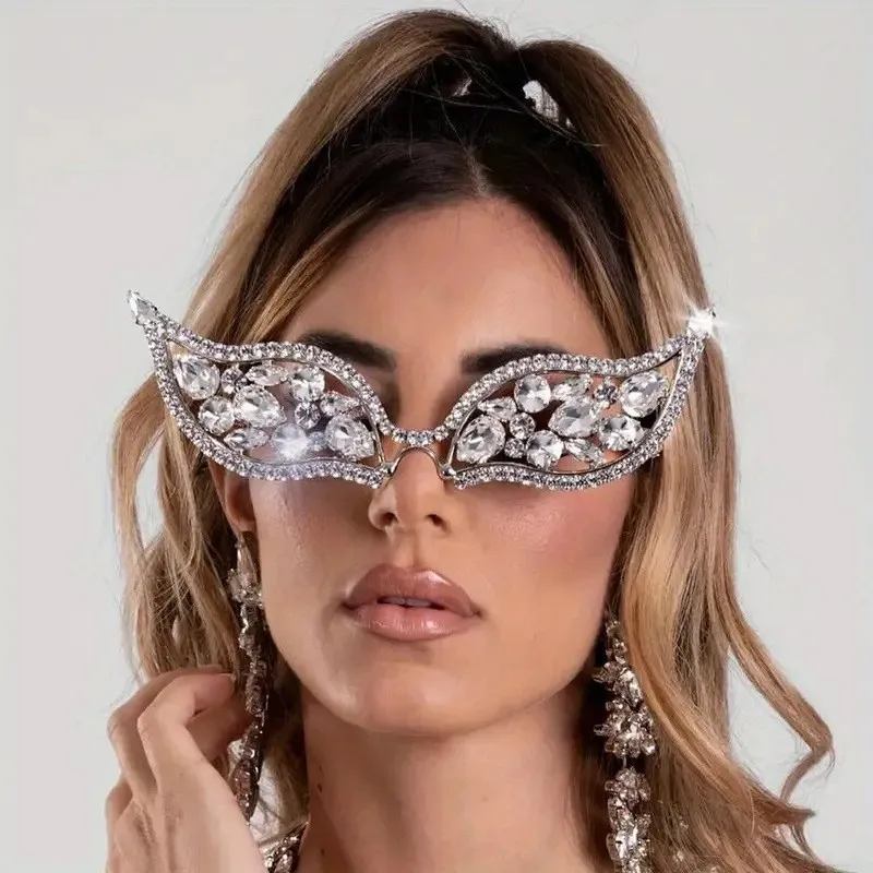 Wing No Lens Glasses for Women Rhinestone Cat Eye Eyewear Sparkly Elegant Chic Glam Statement Party Stage Jewelry Gift Packaging