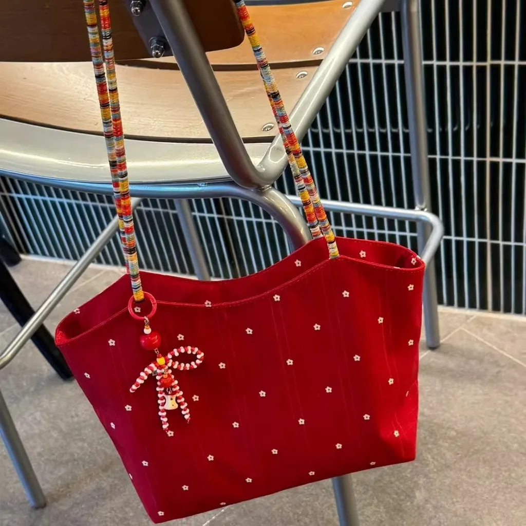 2026 Women Red Floral Print Canvas Tote Bag Colorful Beaded Handle Shoulder Purse for Daily