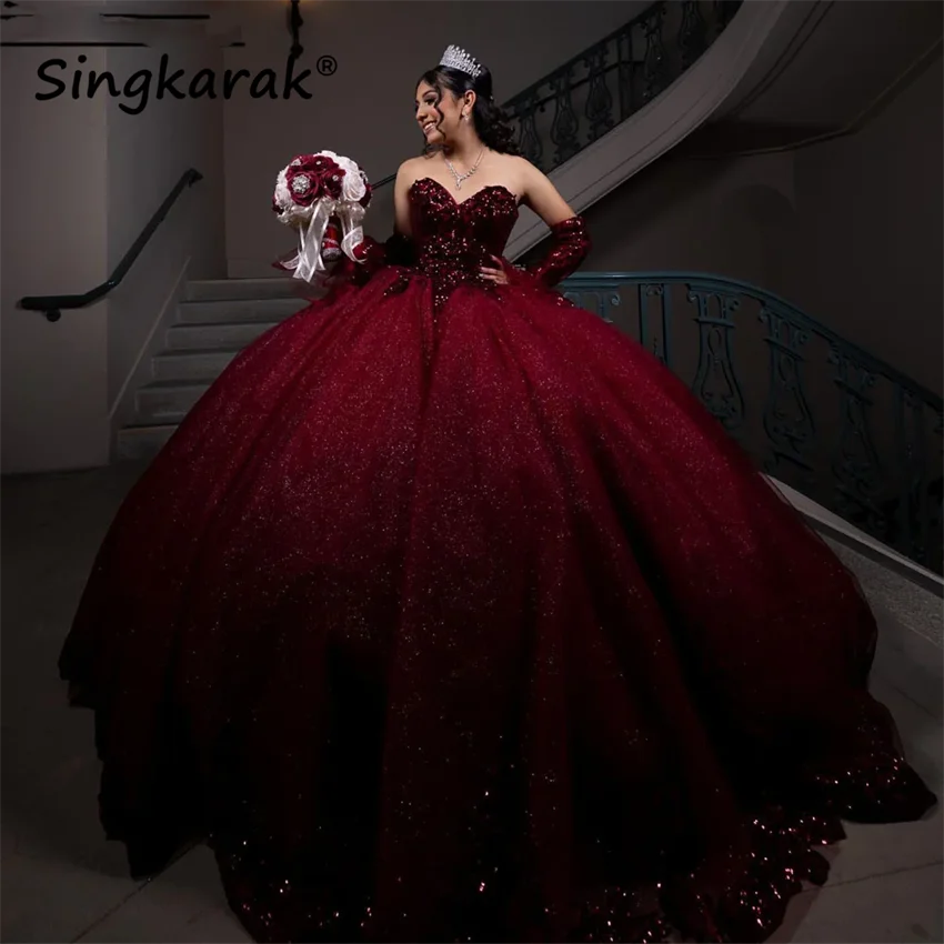 Sparkly Wine Red Quinceanera Dress Sweet 16 Dress Crystal Beads Diamonds Sequins Party Gowns With Sleeves Customized