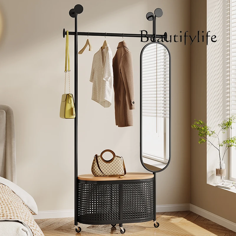 Cream wind full-length mirror coat rack integrated floor-to-ceiling bedroom light luxury imitation rattan weaving storage hanger