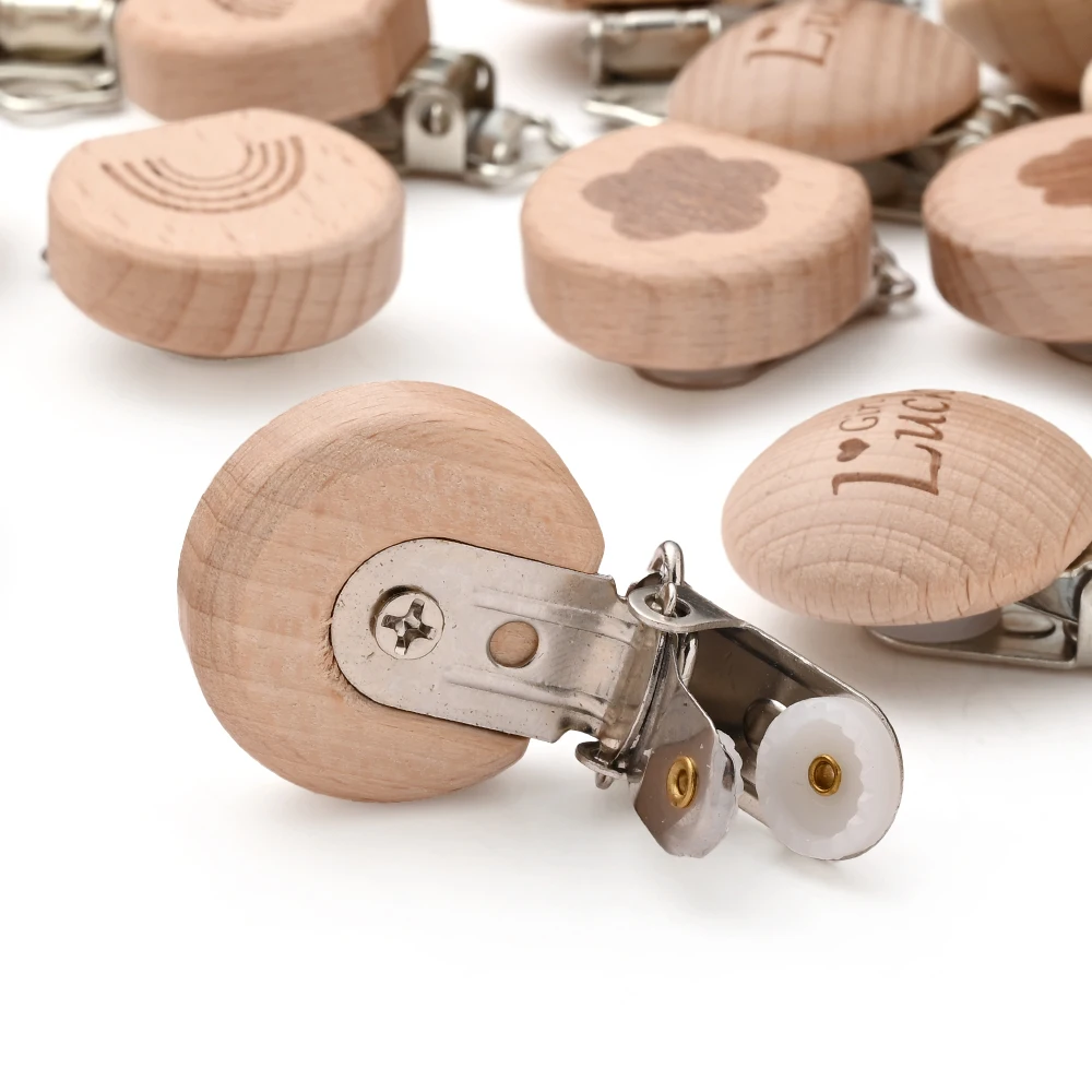 10Pcs 30mm Beech Wood Pacifier Clip Laser Engraving of Letter Patterns Paci Clips Natural Wood Hold Baby Toy Holder