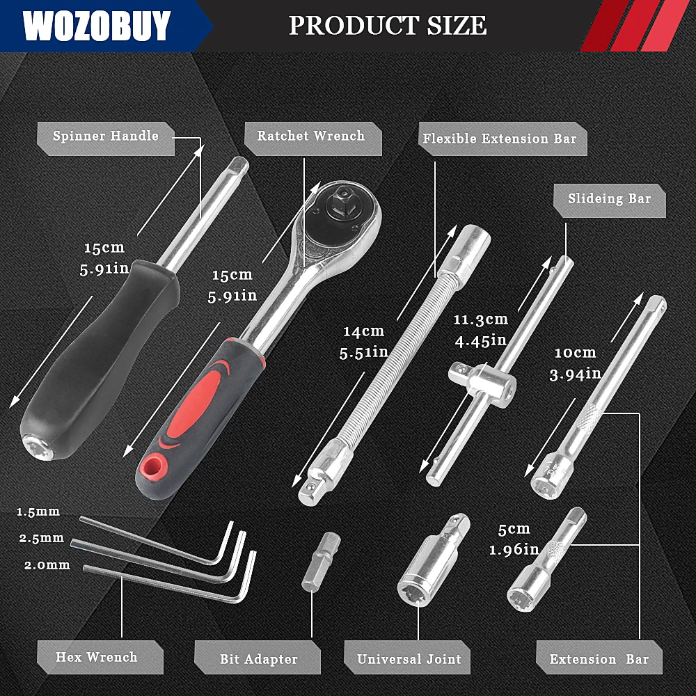 46pcs 1/4 Inch Drive Socket Set,Ratchet Socket Wrench Set,72-Teeth Reversible Pear Head Ratchet,for Home or Car Maintenance