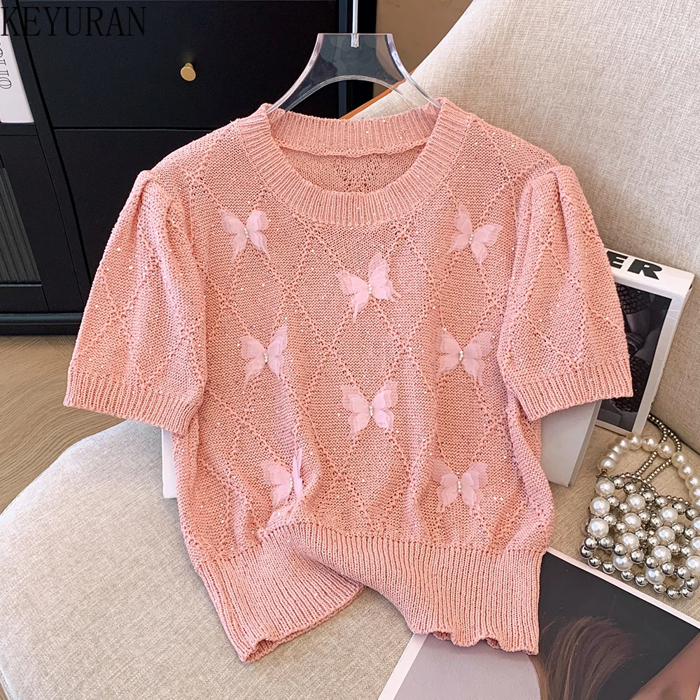 2024 Summer Short Sleeve 3D Butterfly Sweater Women\'s Knitted T-Shirt Vintage Casual Loose O-Neck Versatile Pullover Tops Jumper