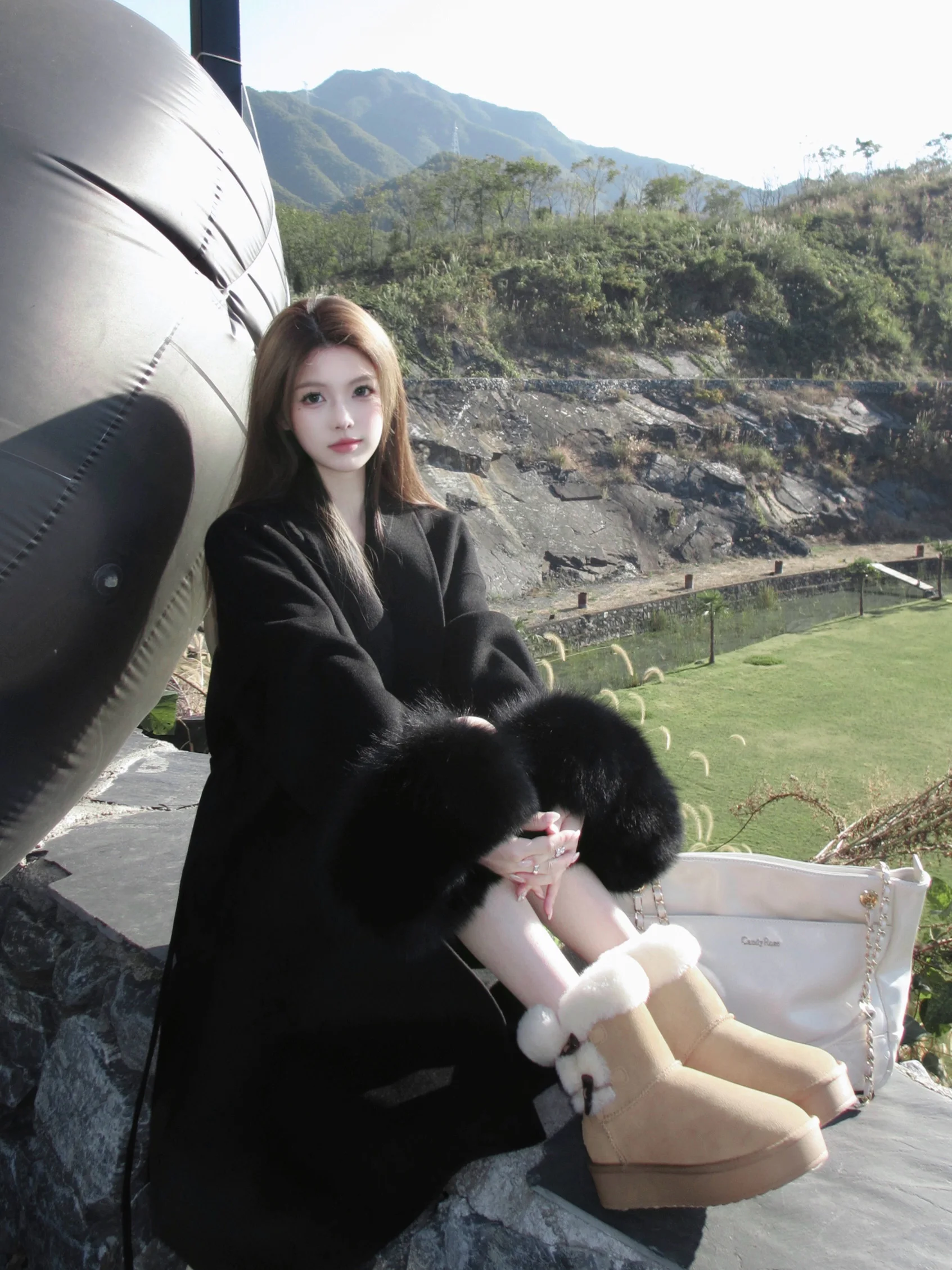 Double-Sided Woolen Coat Black Slim Fit Korean Style Removable Fur Sleeve Women's Outerwear Top Long Sleeve  Color