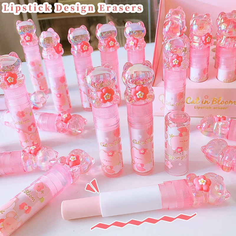 Kawaii Lipstick Design Cat bloom Rubber Erasers Student Correction Tool Kids School Office Supplies Gift Creative Stationery