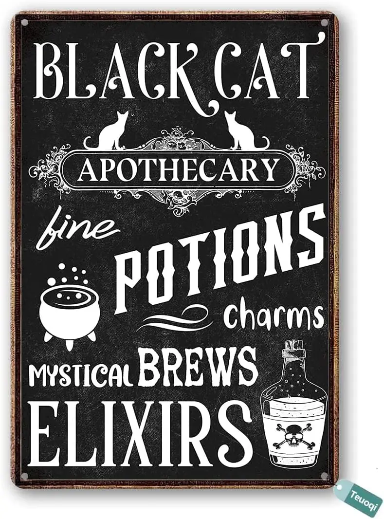 Vintage Tin Sign Black Cat Apothecary Sign Fine Potions & Elixirs Halloween Metal Tin Sign Wall Art Home Decor Kitchen Poste