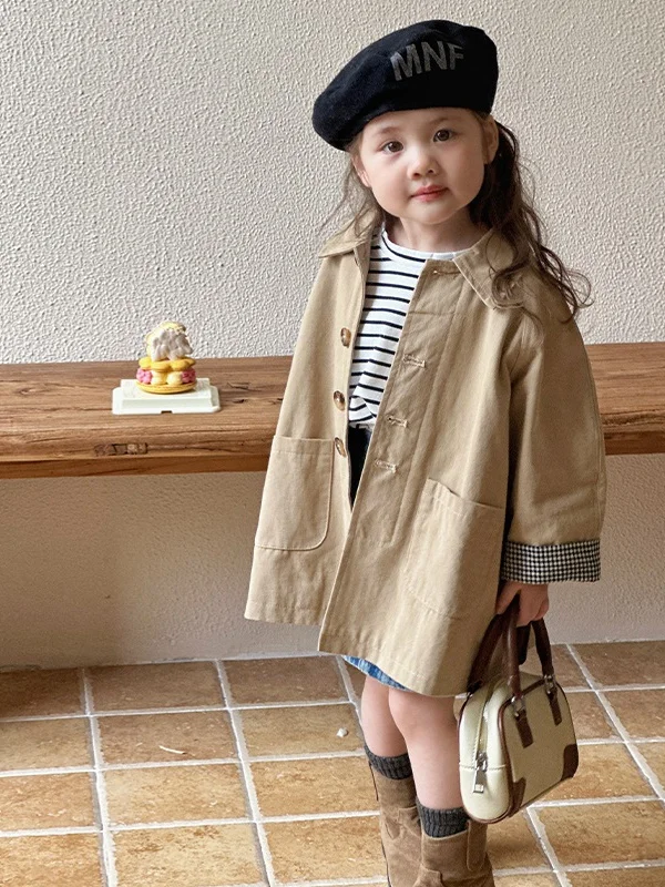 

Spring Autumn 2024 New Sle Girls' Briti Sle Midi Length Jaet Pure Color Collar Casual Outerwear Children's Coat