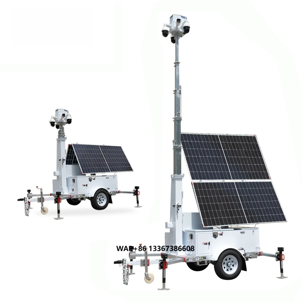 4G 5G Starlink Mobile CCTV Trailer الكل في واحد برج المراقبة بالطاقة الشمسية مع شاحن وعاكس