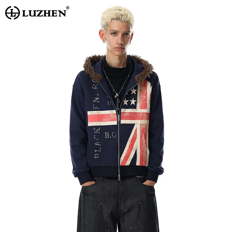 LUZHEN 2026 New Fashion Printed Pattern High Quality Faux Fur Hoodies Coat Men Trendy Handsome Elastic Cuffs Jacket Male JY8352