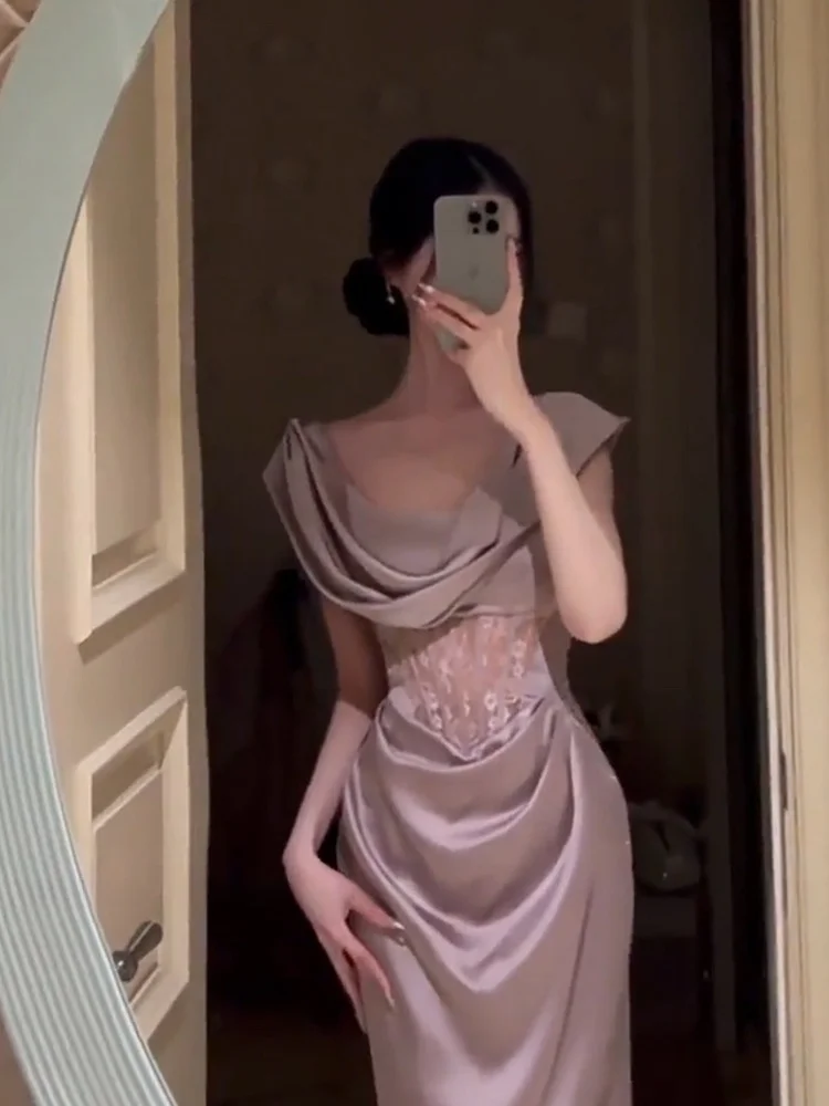 

Вечернее атласное платье больших размеров с завышенной талией, длинной юбкой и одним открытым плечом для женщин