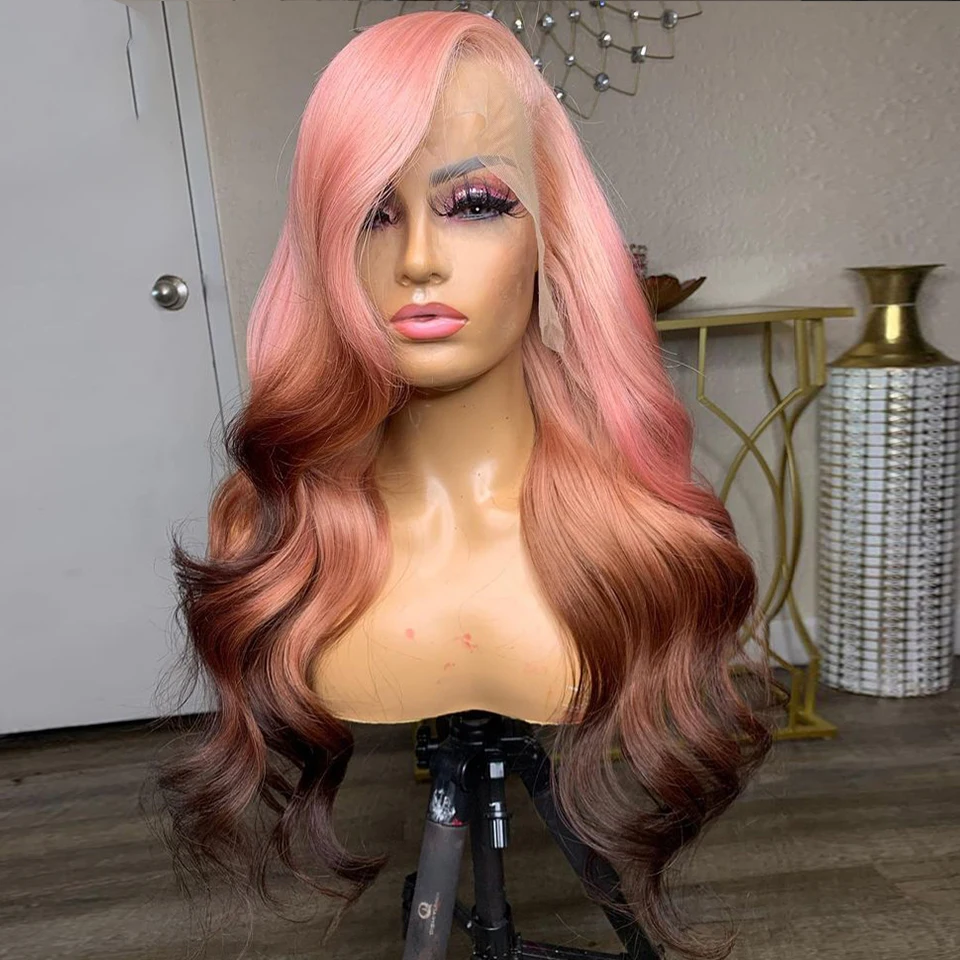 Perucas de cabelo humano ondulado para mulheres, cabelo remy brasileiro, peruca frontal de renda transparente, destaque ombre colorido, marrom e rosa, 180%