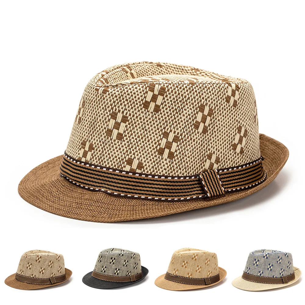 

Женская летняя дорожная шляпа от солнца — тканая соломенная шляпа с маленькими полями (58 см) с клетчатой и полосатой лентой