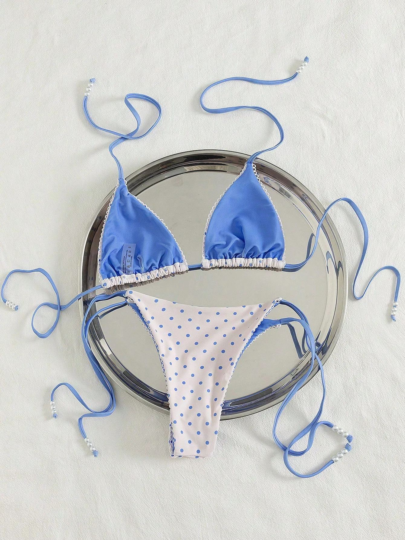 

Комплект бикини в горошек с треугольными чашечками и завязками из бисера, женский летний пляжный купальник