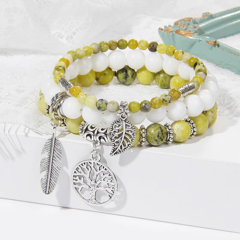 Tree Of Life Pendant Bracelet White Turquoises Natural Stone Beads Leaves Feather Charm Bracelet Set For Women Men Wristbands