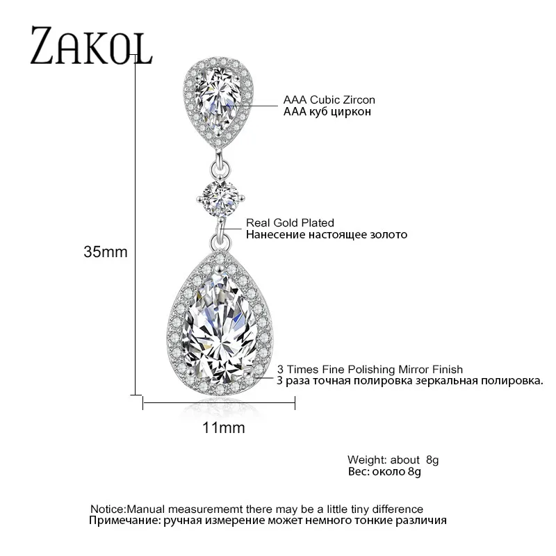 ZAKOL Shinny Water Drop Cubic Zirconia Dangle Earrings for women Exquisite Bridal Wedding Party Jewelry EP2288