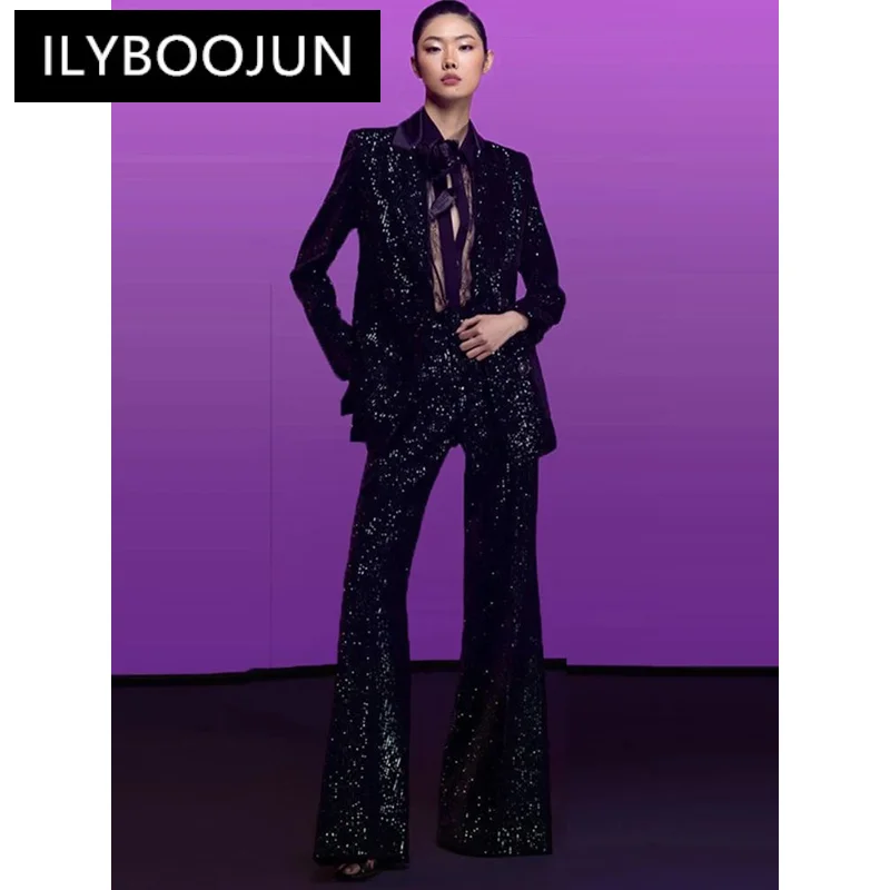 

Black Velvet Sequin Pantsuits Women 2023 New Designer Double Breasted Luxury Blazer Trousers Flared Pants Set Suits Outfits