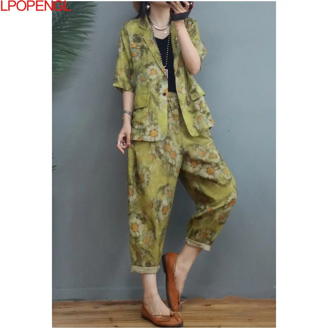 Spring And Summer Women\'s Ethnic Style Suit Retro Cotton And Linen Printing Single Breasted Coat Calf-length Pants Two-piece Set