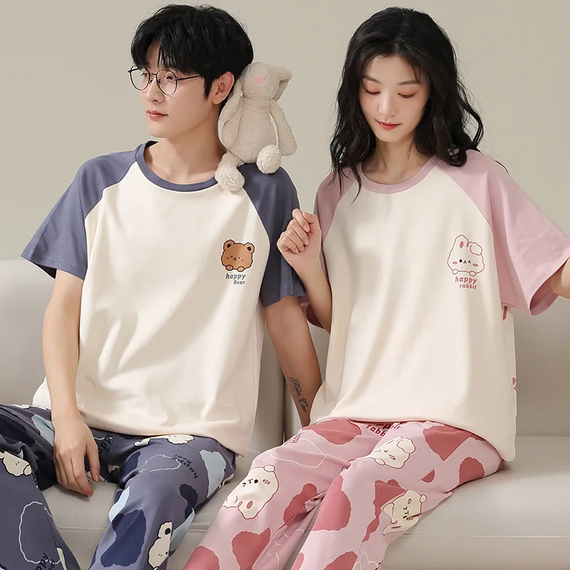 

Summer Sleep Lounge Pajama Short-Sleeved Women's Pajama Set Cartoon Pyjamas Pure Cotton Couple Sleepwear Home Fashion