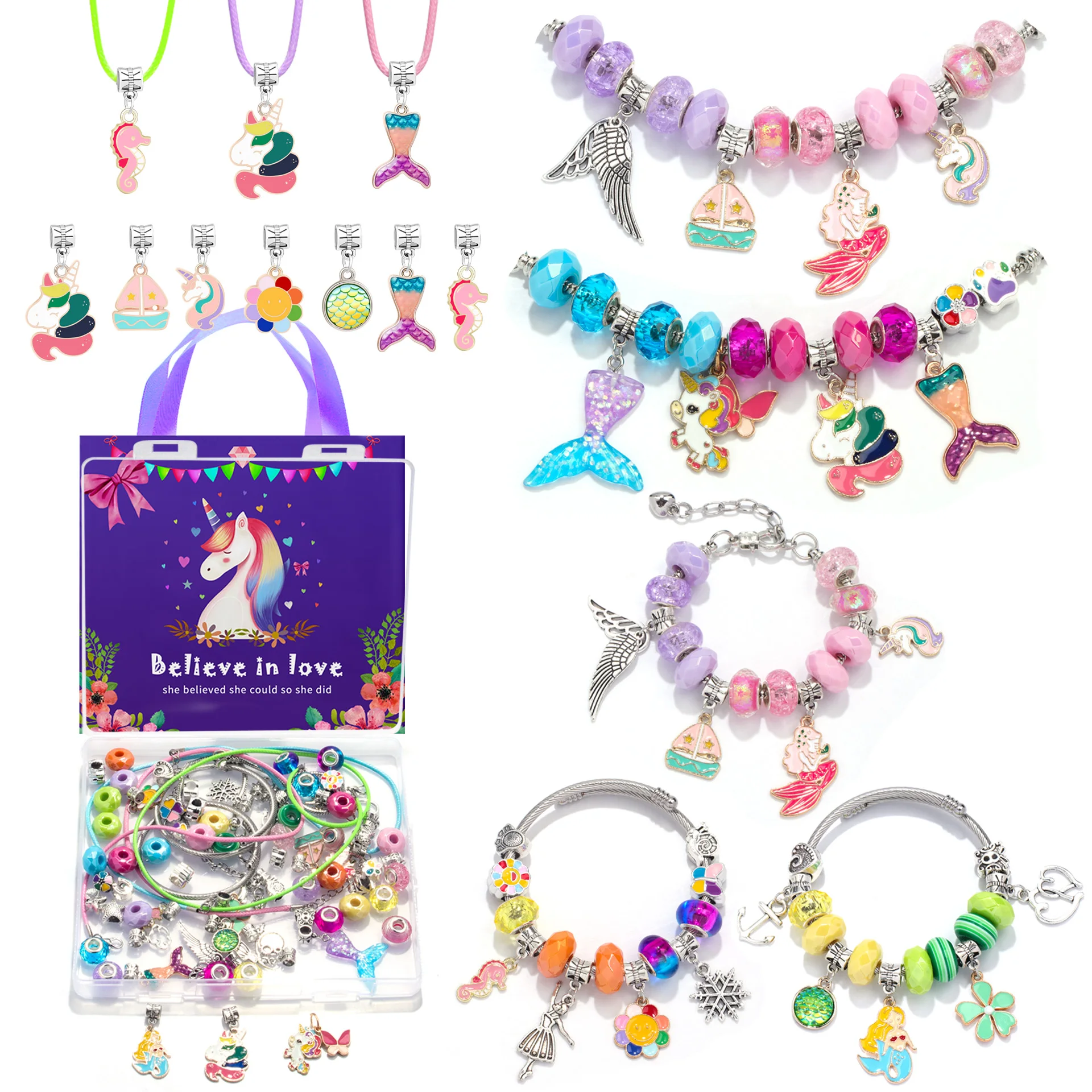 New purple handbag 78PCS colorful beads, lovely beaded pendant handmade DIY children's bracelet exquisite gift box set