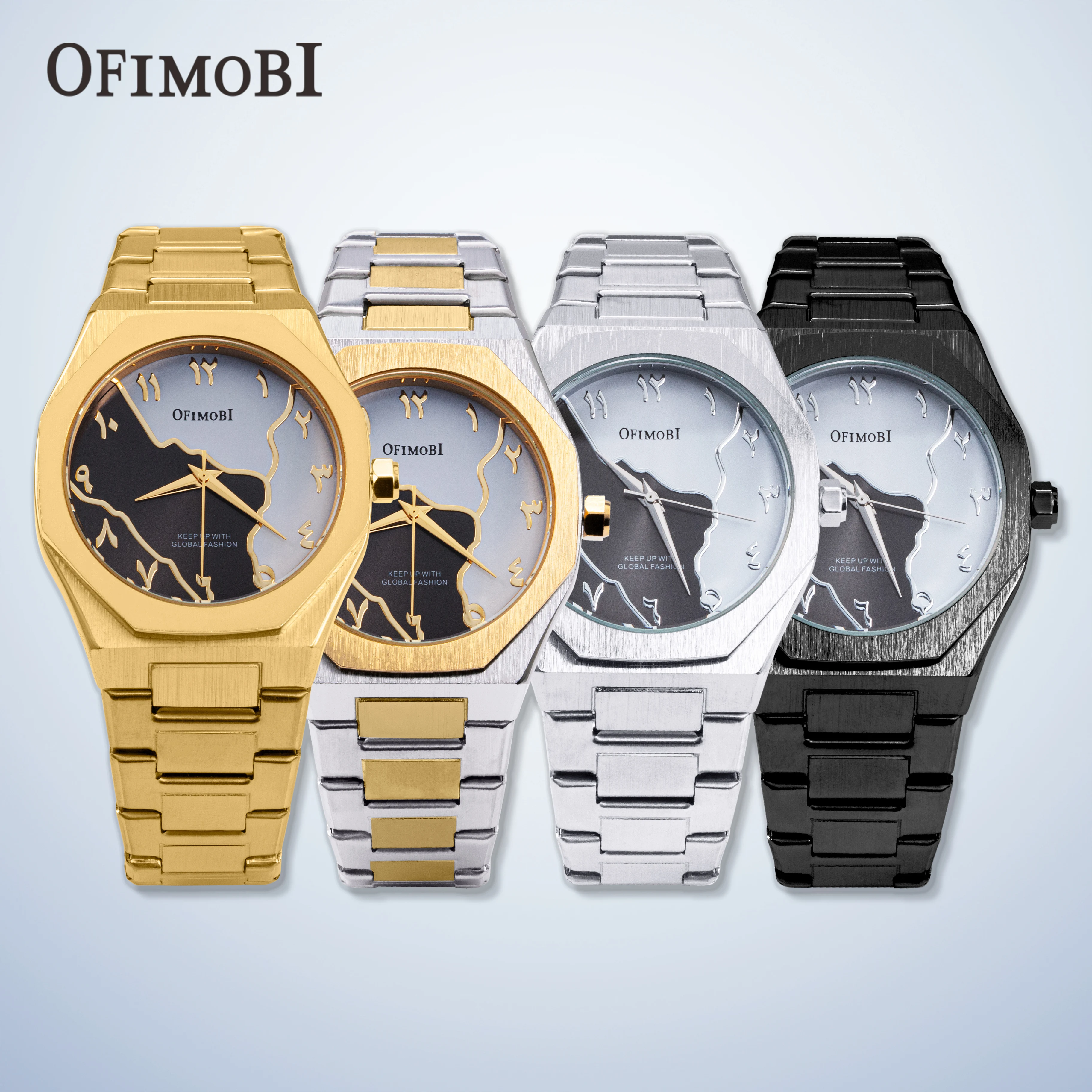 OFIMOBI Men's Quartz Watch Octagon Mother of Pearl Dial Map Design Arabic Numerals Stainless Steel Wristwatch