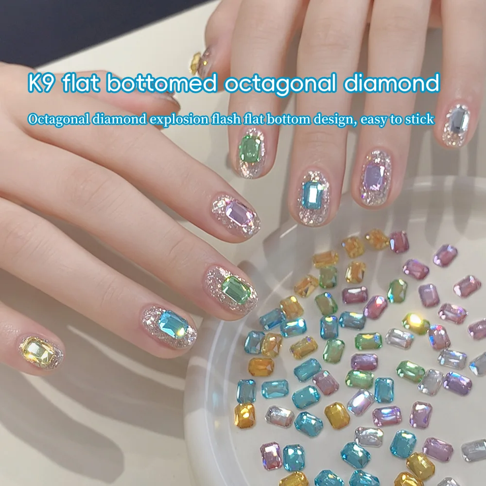 Sparkling Candy Color Octagon Cut K9 Nail Rhinestone Octagonal Nail Glass White Bottom Rectangular Crystal Fingertip Decor 10PCS