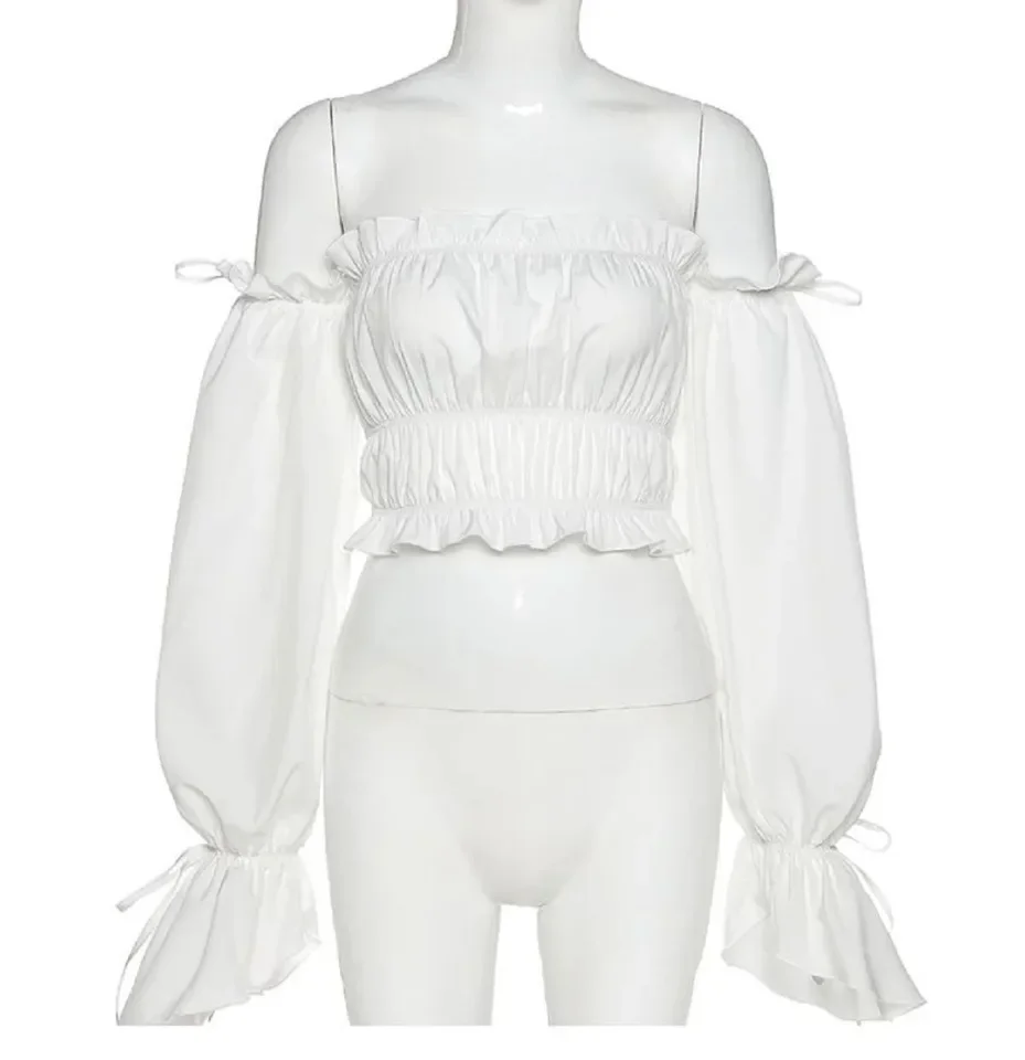 Women Blouse Off Shoulder Long Sleeve Summer Spring Vintage Shirt Crop Top 2025 Korean Fashion Streetwear Y2k Fleece Tee Jumper