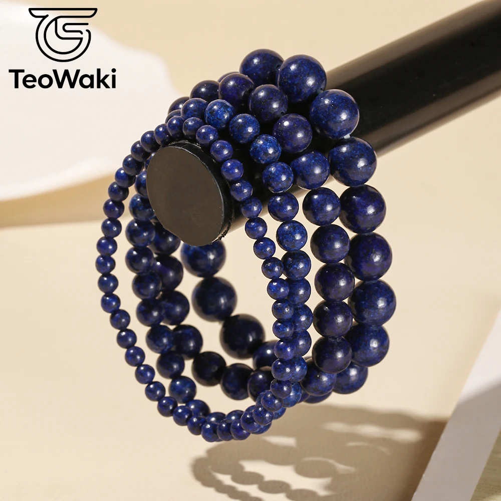 TeoWaki 4/6/8/10mm Natural Stone Lapis Lazuli Elastic Bracelet for Women Men Stress Reduction Maintaining Mental Balance 19cm