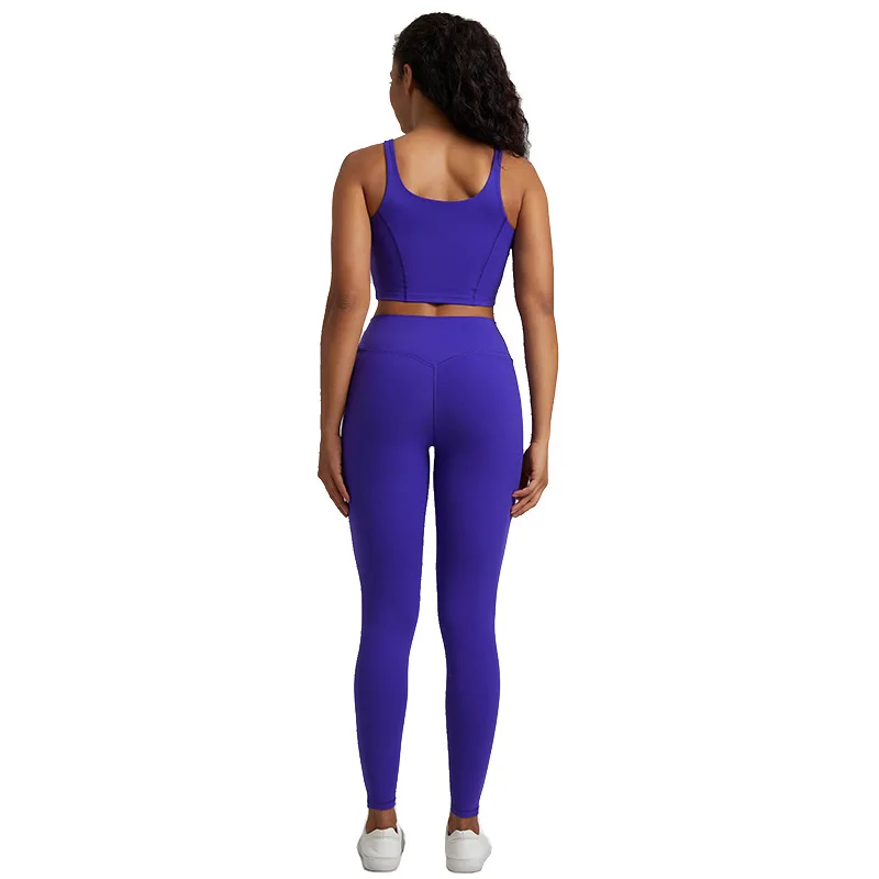 Solid Color Gym Yoga Set Tight Leggings Sports Fitness Bra Top 2pc Suit Comprehensive Training Jogging Women Round Neck U Shape