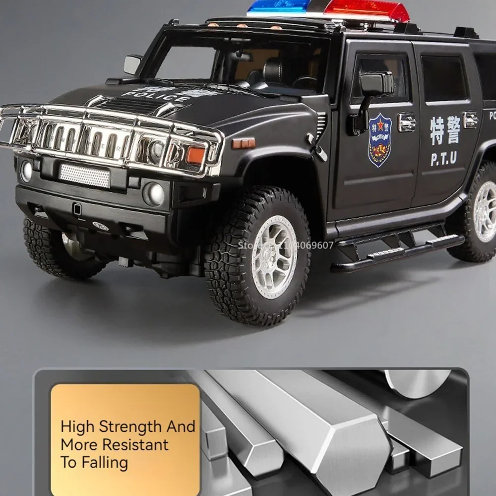 1:18 h2 modelo de carro de polícia em miniatura, brinquedo de liga fundida, veículos off-road, som, luz, portas abertas, motor de incêndio, ornamento