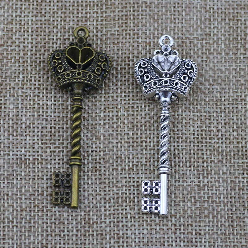 4pcs 21*61mm  Crown Key Pendant Antique Bronze  Silver Color Pendants DIY Crafts Making Findings Handmade Tibetan Jewelry