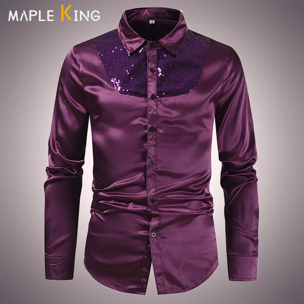 

Luxury Sequins Shirts for Men Nightclub Silk Satin Disco Shiny Party Show Dance Camisas Social Dress Shirt Mens Stage Costume
