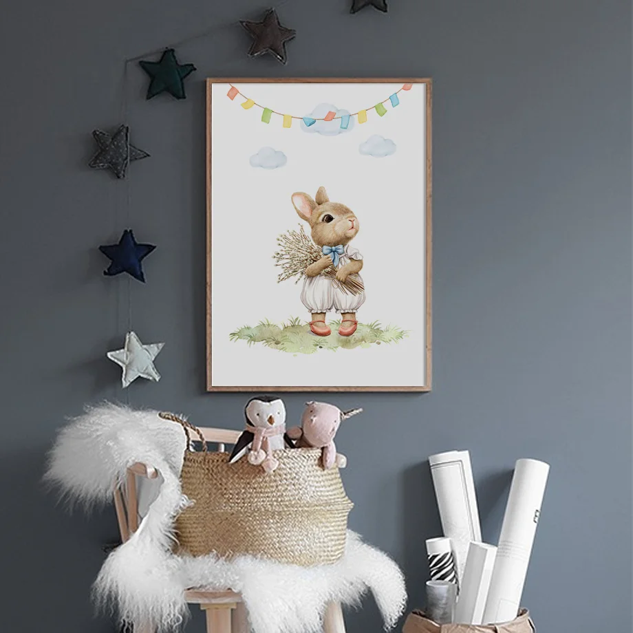 Cartoon Rabbit Nordic Posters And Prints Woodland Farm Animals Canvas Painting Bunny Nursery Wall Art Baby Kids Room Home Decor