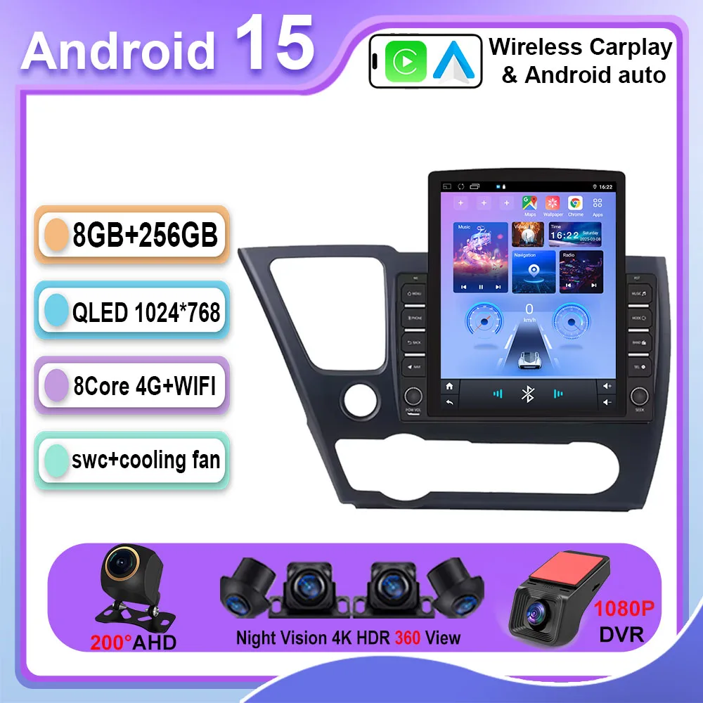 9.7INCH Screen Dash Cam For Honda Civic 2013 - 2016 Android Car Radio GPS Navigation Head Unit Multimedia Player Carplay 5G