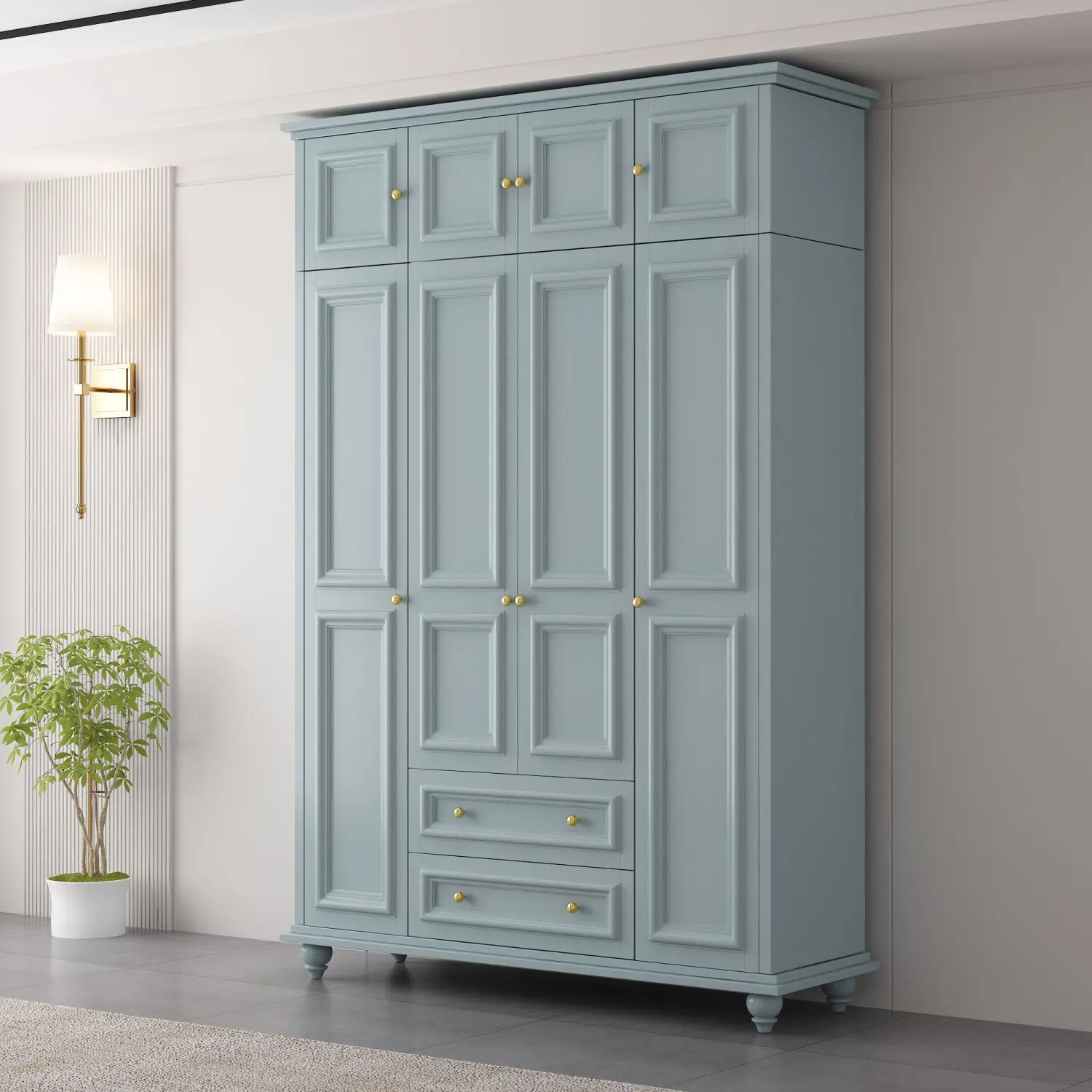 Solid wood country large wardrobe household bedroom three four five six doors with top cabinet wardrobe with drawers