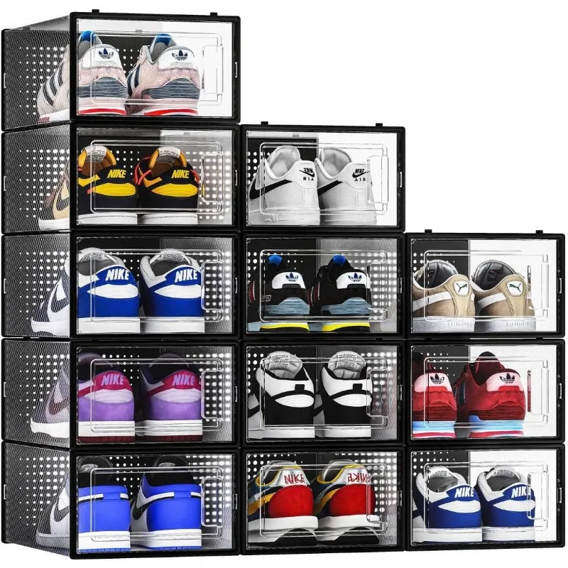 12 Pack Shoe Storage Bins, Clear Plastic Stackable Shoe Organizer for Closet, Space Saving Foldable Shoe Rack,Box Sneaker