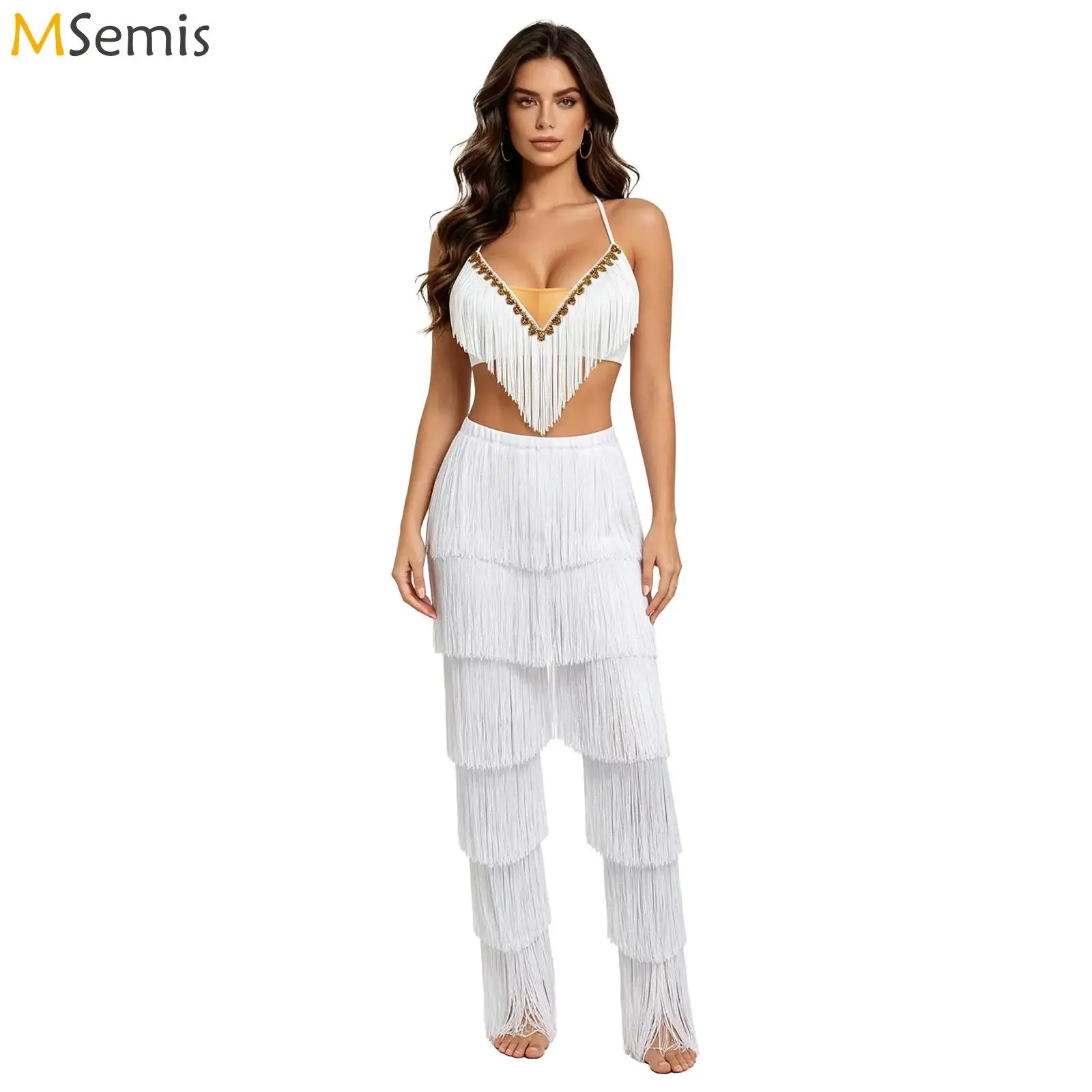 

Womens Latin Dancewear Ballroom Dance Tassel Outfit Salsa Samba Performance Costume Lace-up Halter Gold Trim Crop Top with Pants