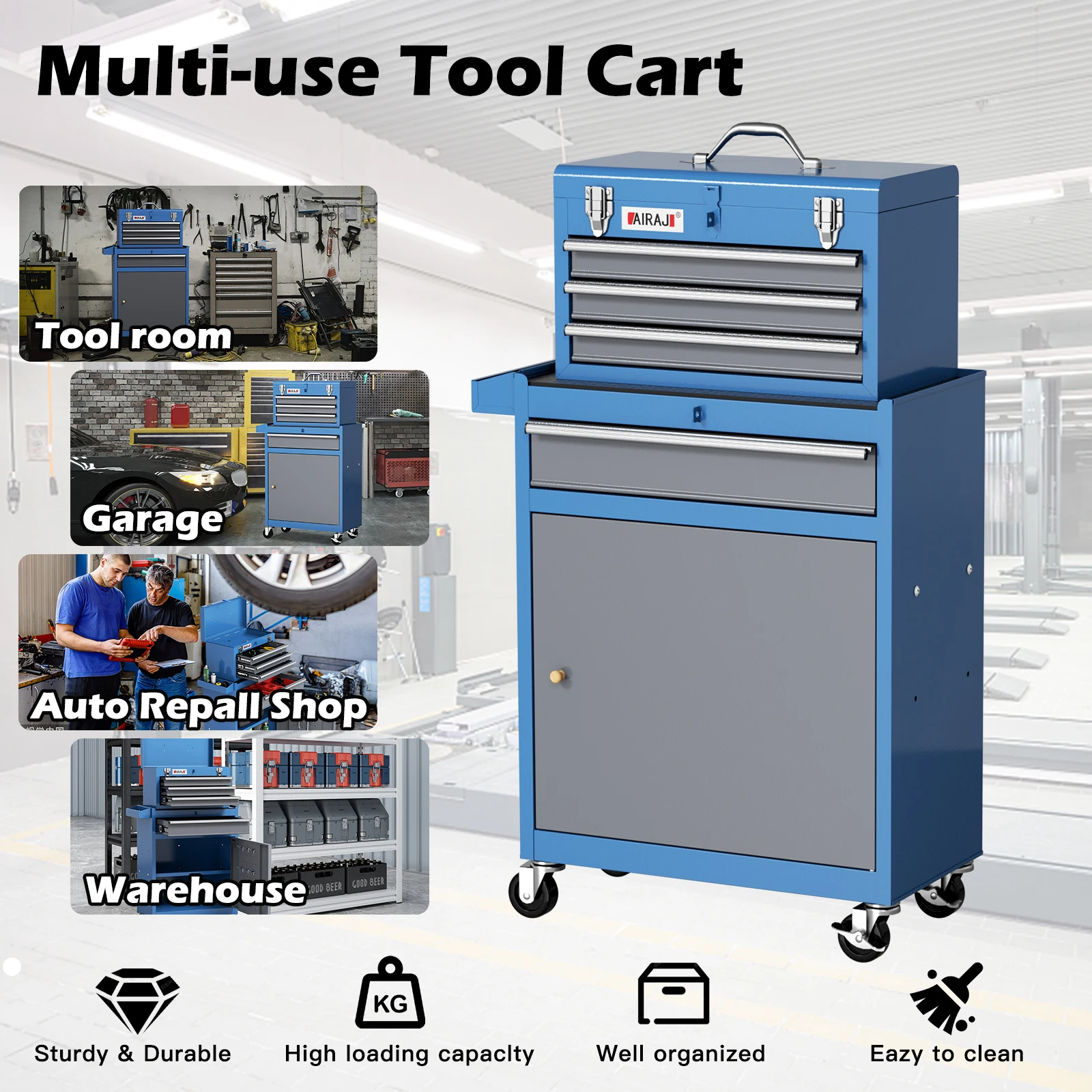 AIRAJ 4-Drawer Rolling Tool Box with Wheels,Includes 5 Free Hooks and 6 Organizer Tray,for Repair Shop Workers,