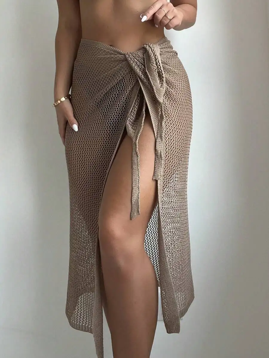 

Knit Beach Cover Up Skirt With Side Slit And Knot Tie