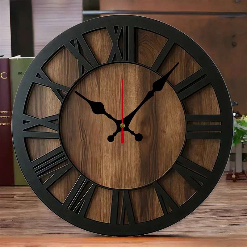2D Flat Vintage Theme Wooden Round Silent Hanging Wall Clock, Suitable For Living Room, Office, Study Room, Bedroom Decoration