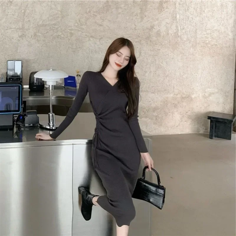 

Woman Knitted Dress V Neck Knee Length Cover Up Midi Korean Style Crochet Dresses for Women Trendy Elegant Party Chic Pretty Hot