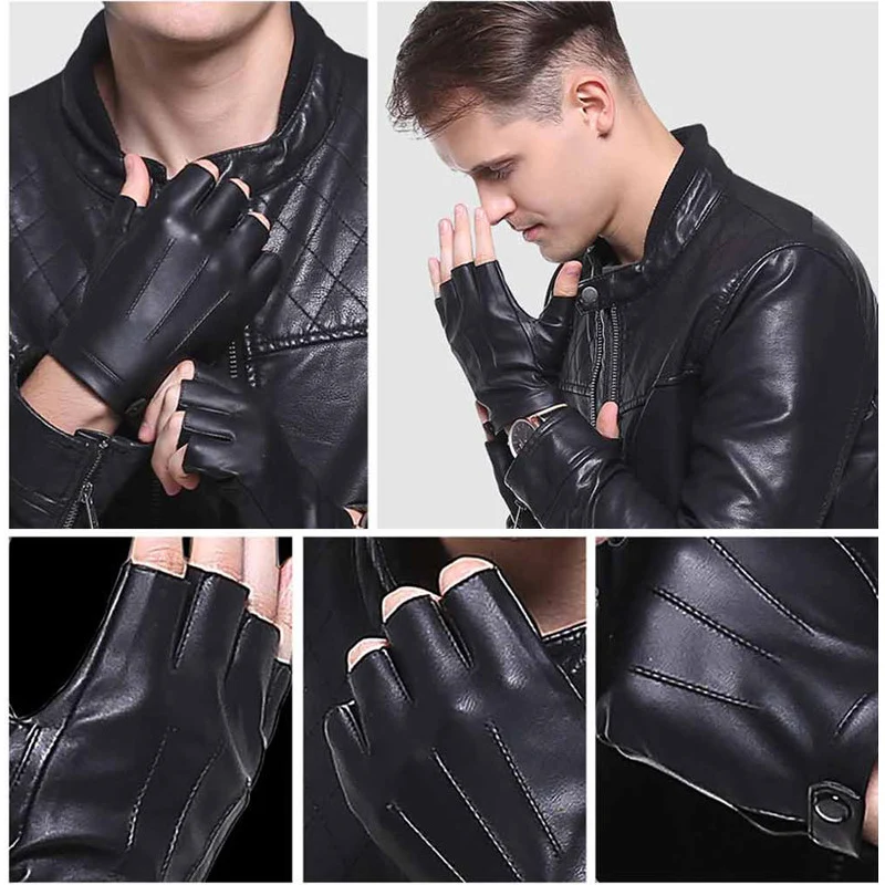 Fingerless Men Gloves PU Leather motor Punk Gloves Male Mittens Black Half Finger Outdoor Driving Gloves Guantes Ciclismo