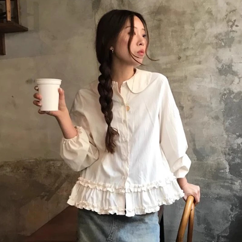 

Шикарный весенний новый дизайн, кукольный воротник Ele, деревянный пузырьковый све irt, женский топ, корейский свободный крой, длинный све