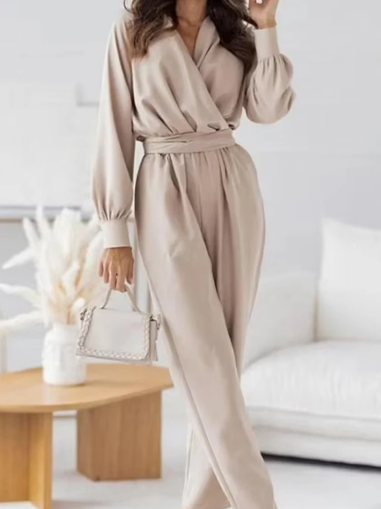 

Sexy Commuter V-neck Long Sleeve Playsuits Office Fashion Lace-Up Waist Loose Party Jumpsuit Elegant Draped Solid Color Rompers