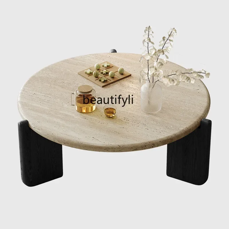 

Medieval style round solid wood travertine coffee table French style living room designer furniture small tea table