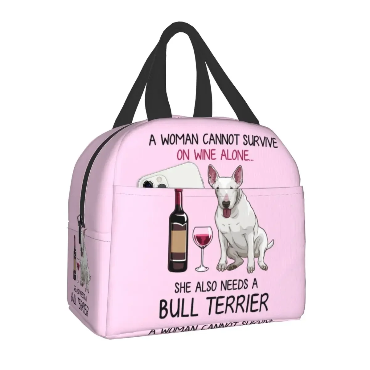 

Bull Terrier And Wine Funny Dog Insulated Lunch Bag for Women Cooler Thermal Lunch Box Camping Travel Tote Picnic Storage Bag