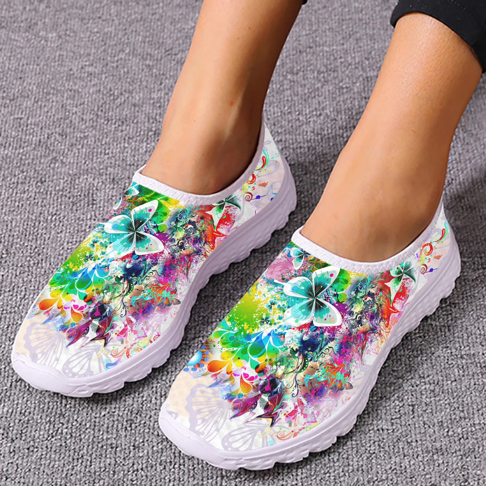 INSTANTARTS Fashion Colorful Gradient Color Butterfly Design Loafers Slip On Casual Shoes Soft Home Mesh Shoes Walking Shoes