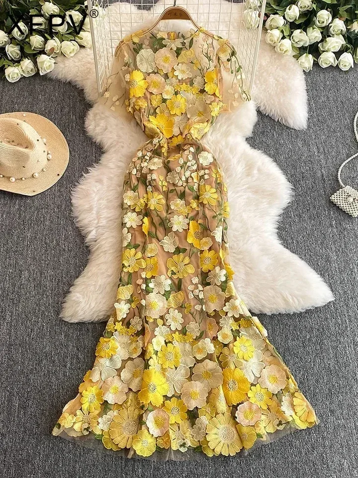 Summer High-end Embroidery Lace Prom Dress Women French Luxury 3D Flower  Short Sleeve Long Dress Party Bodycon Holiday Vestido - AliExpress 200000345