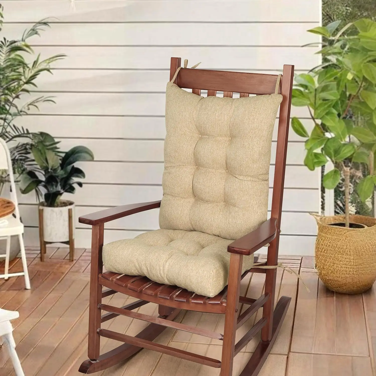 Custom Imitation Linen Rocking Chair Cushion,Non-Slip Pads Set of Upper and Lower with Ties for Dining Garden Balcony Office