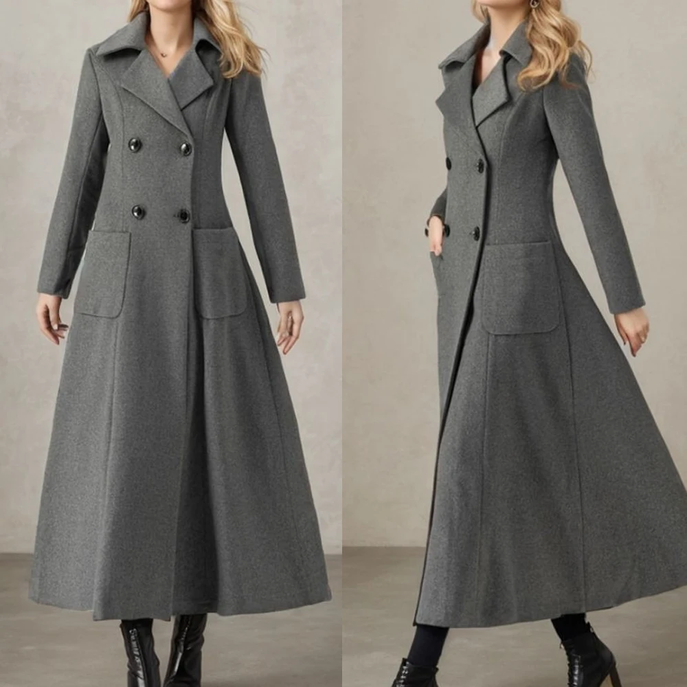 سترة نسائية رمادية طويلة من الصوف سترة مزدوجة الصدر مصممة خصيصًا معطف دافئ قطعة واحدة حسب الطلب #1